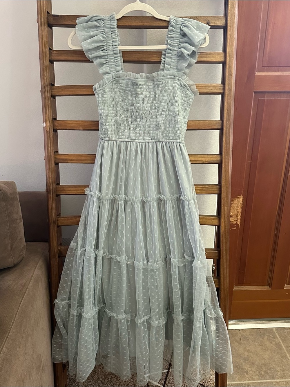 Blu Pepper Light Sage Ruffled Strap Tiered Maxi Dress